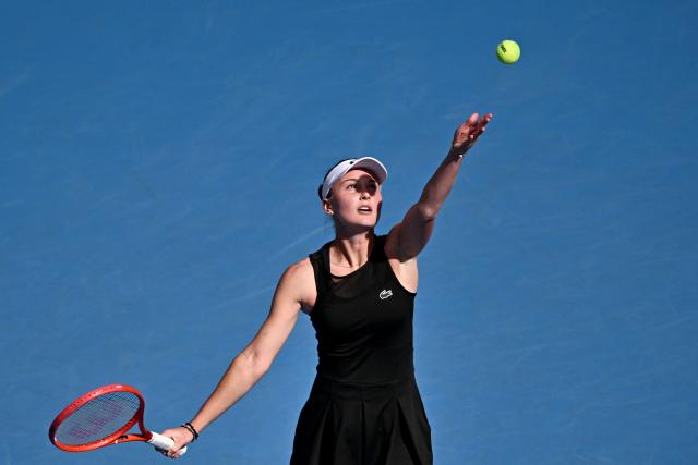 Uzbekistan's Polina Kudermetova serves to Russia's Mirra Andreeva during their women's singles match at the China Open tennis tournament in Beijing on October 4, 2026. (Photo by Pedro PARDO / AFP)
