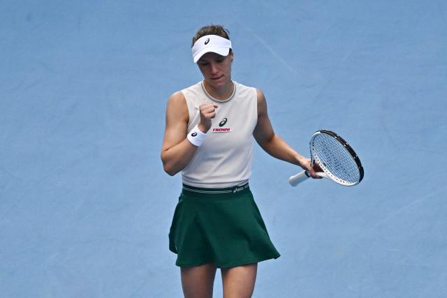 Switzerland's Viktorija Golubic reacts during her women's singles match against Czech Republic’s Linda Noskova at the China Open tennis tournament in Beijing on October 4, 2026. (Photo by Pedro PARDO / AFP)