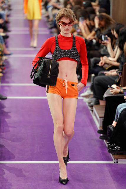 A model presents a creation for Miu Miu Women's Spring/Summer 2027 collection fashion show as part of the Paris Fashion Week, in Paris on October 4, 2026. (Photo by GEOFFROY VAN DER HASSELT / AFP)