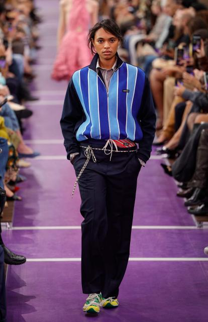 A model presents a creation for Miu Miu Women's Spring/Summer 2027 collection fashion show as part of the Paris Fashion Week, in Paris on October 4, 2026. (Photo by GEOFFROY VAN DER HASSELT / AFP)