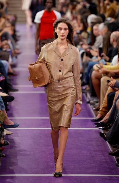 A model presents a creation for Miu Miu Women's Spring/Summer 2027 collection fashion show as part of the Paris Fashion Week, in Paris on October 4, 2026. (Photo by GEOFFROY VAN DER HASSELT / AFP)