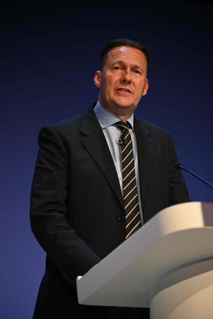 Leader of the Scottish Conservatives, Russell Findlay speaks in the main hall on the first day of the annual Conservative Party conference in Birmingham, central England, on October 4, 2026.  (Photo by Oli SCARFF / AFP)