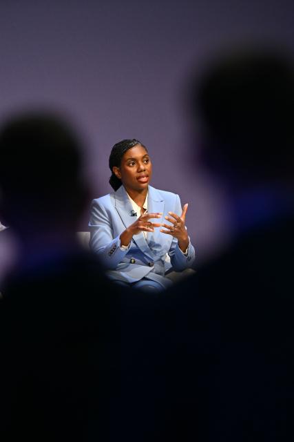 Britain's main opposition Conservative Party leader Kemi Badenoch speaks on stage on the first day of the annual Conservative Party conference in Birmingham, central England, on October 4, 2026.  (Photo by Oli SCARFF / AFP)