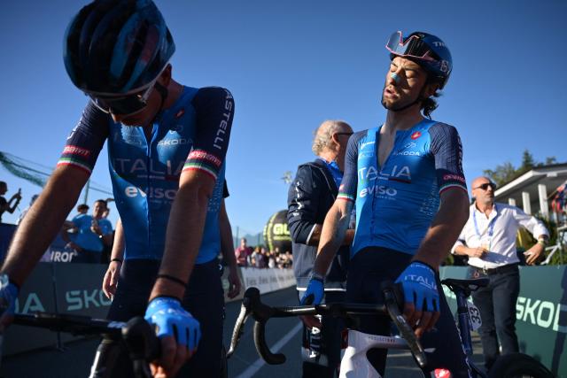 Italy's rider Giulio Ciccone (R) reacts after crossing the finish line to place second of the men's elite road race of the UEC European Road Cycling Championships in Sencur, near Ljubljana, Slovenia, on October 4, 2026. (Photo by JURE MAKOVEC / AFP)