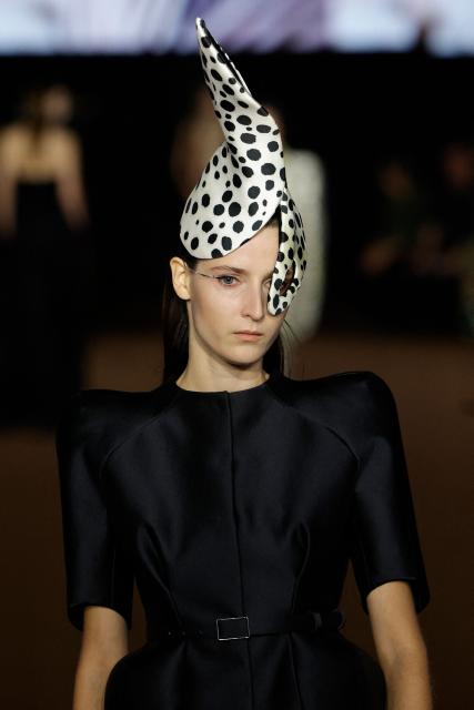A model presents a creation for Mugler Women's Spring/Summer 2027 collection fashion show as part of the Paris Fashion Week, in Paris on October 4, 2026. (Photo by GEOFFROY VAN DER HASSELT / AFP)