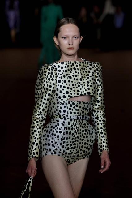 A model presents a creation for Mugler Women's Spring/Summer 2027 collection fashion show as part of the Paris Fashion Week, in Paris on October 4, 2026. (Photo by GEOFFROY VAN DER HASSELT / AFP)
