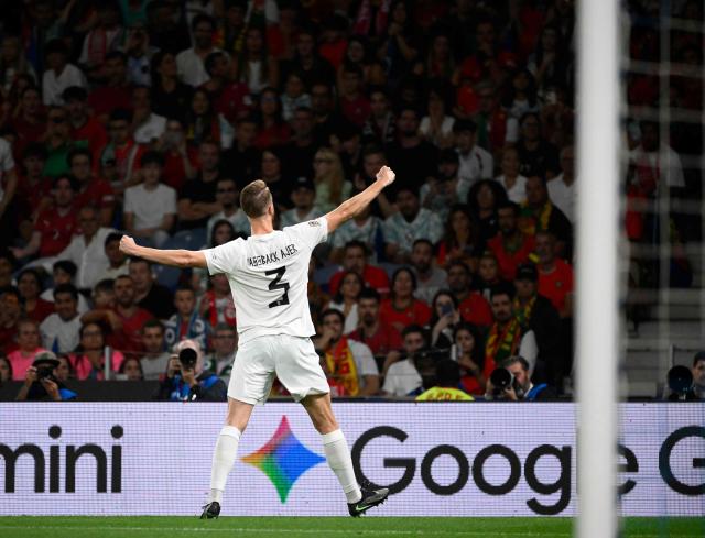 Norway's defender #03 Kristoffer Vassbakk Ajer celebrates scoring his team's first goal during the UEFA Nations League Group 4 football match between Portugal and Norway at Dragao stadium in Porto on October 3, 2026. (Photo by Miguel RIOPA / AFP)