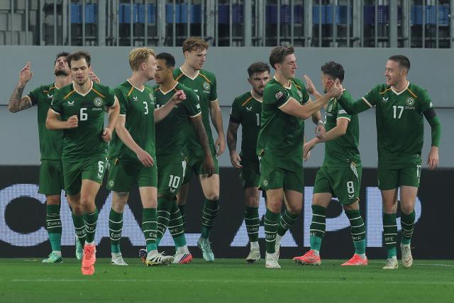 Republic of Ireland's players celebrate after scoring their first goal during the UEFA Nations League Group B3 football match between the Republic of Ireland and Israel at the TSC Arena in Backa Topola on October 4, 2026. (Photo by Pedja Milosavljevic / AFP)