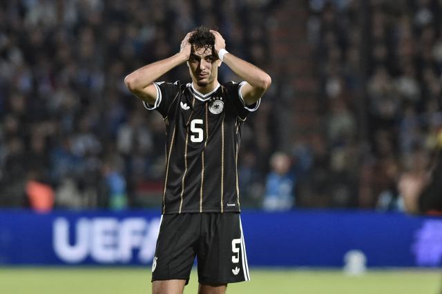Germany's midfielder #05 Aleksandar Pavlovic reacts during the UEFA Nations League League A Group 2 matchday 4 football match between Greece and Germany at Toumba Stadium in Thessaloniki on October 4, 2026. (Photo by Sakis Mitrolidis / AFP)