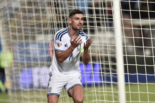 Greece's forward #7 Giorgos Masouras reacts during the UEFA Nations League Group A2 football match between Greece and Germany at the Toumba Stadium in Thessaloniki on October 4, 2026. (Photo by Sakis Mitrolidis / AFP)