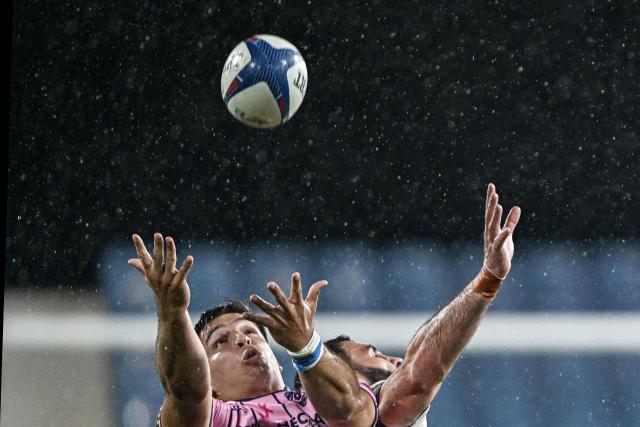 Montpellier's Argentinian centre Justo Piccardo jumps for the ball during the French Top 14 rugby union match between Montpellier Herault Rugby (MHR) and Rugby Club Toulonnais (RCT) at the Stade de la Mosson in Montpellier, southern France, on October 4, 2026. (Photo by Gabriel BOUYS / AFP)