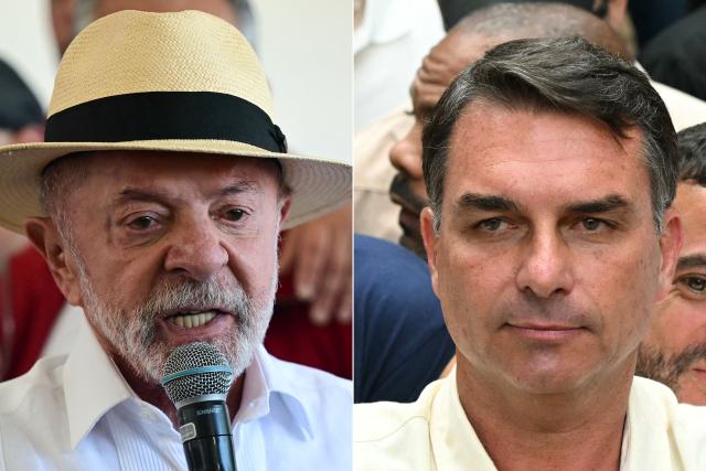 This combination of pictures created on October 4, 2026, shows Brazil's President and re-election candidate for the Workers' Party (PT) Luiz Inacio Lula da Silva (R) speaks to the media after casting his vote during the presidential election at a polling station in Sao Bernardo do Campo, state of Sao Paulo, Brazil, on October 4, 2026; and Brazil's right-wing senator and presidential candidate for the Liberal Party (PL) Flavio Bolsonaro gives thumbs up in front of Rio de Janeiro gubernatorial candidate Douglas Ruas (C, back), as he leaves a polling station after voting during the presidential election in Rio de Janeiro, Brazil, on October 4, 2026. Polling stations closed in Brazil's first-round election on October 4, 2026, featuring a nail-biter presidential race between incumbent Luiz Inacio Lula da Silva and right-wing senator Flavio Bolsonaro. (Photo by Pablo PORCIUNCULA and Mauro PIMENTEL / AFP)