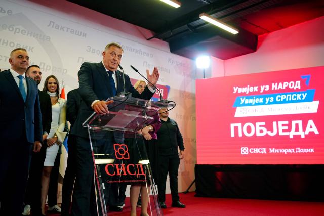 Bosnian Serb leader Milorad Dodik addresses the media after the preliminary results of Bosnia's general elections were announced in Banja Luka, in northern Bosnia, on October 4, 2026. The former president of Bosnia's Serb statelet, Milorad Dodik, said his party had retained power in the entity and its seat on the shared presidency, as preliminary results showed a drop in turnout for Bosnia's general elections. (Photo by AFP)