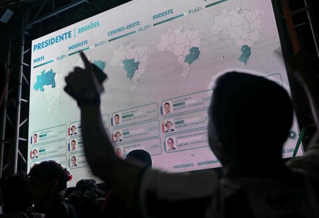 People watch a big screen as they wait for the final results of the presidential election in Rio de Janeiro, Brazil on October 4, 2026. Brazilian senator Flavio Bolsonaro, son of the far-right former president Jair Bolsonaro, is leading incumbent Luiz Inacio Lula da Silva in partial results from October 4, 2026, election. (Photo by MAURO PIMENTEL / AFP)