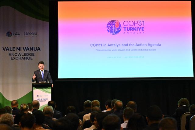 Turkey's Minister of Environment and Urban Planning Murat Kurum speaks at an opening ceremony of the Pacific Pre-COP31 Summit in Nadi on October 5, 2026. (Photo by Saeed KHAN / AFP)
