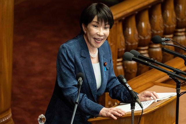 Japan's Prime Minister Sanae Takaichi delivers a speech during a plenary session of the House of Representatives at the National Diet in Tokyo on October 5, 2026. (Photo by Yuichi YAMAZAKI / AFP)