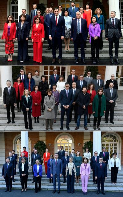 (COMBO) This combination of file pictures created on October 5, 2026 shows Spanis Prime Minister Pedro Sanchez posing with the members of his cabinets at La Moncloa Palace in Madrid, on June 8, 2018 (TOP), January 14, 2020 (C) and November 22, 2023. Spanish Prime Minister Pedro Sanchez called early election for November 29 after housing set-back during a televised speech on October 5, 2026. (Photo by JAVIER SORIANO and PIERRE-PHILIPPE MARCOU / AFP)