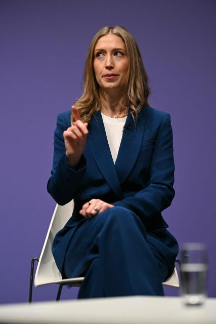 Britain's main opposition Conservative Party Shadow Education Secretary Laura Trott gestures on day two of the annual Conservative Party conference in Birmingham, central England, on October 5, 2026.  (Photo by Oli SCARFF / AFP)