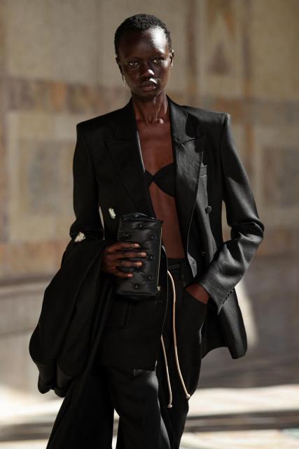 A model presents a creation for Gabriela Hearst Women's Spring/Summer 2027 collection fashion show as part of the Paris Fashion Week, in Paris on October 5, 2026. (Photo by SIMON WOHLFAHRT / AFP)