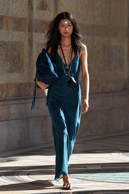 Chinese model Xinyue Guo presents a creation for Gabriela Hearst Women's Spring/Summer 2027 collection fashion show as part of the Paris Fashion Week, in Paris on October 5, 2026. (Photo by SIMON WOHLFAHRT / AFP)