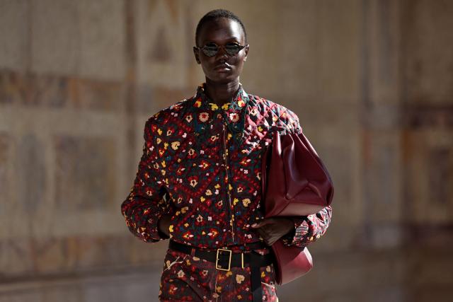 A model presents a creation for Gabriela Hearst Women's Spring/Summer 2027 collection fashion show as part of the Paris Fashion Week, in Paris on October 5, 2026. (Photo by SIMON WOHLFAHRT / AFP)