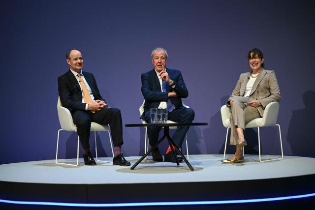 British TV personalities Charlie Ireland (L) and Jeremy Clarkson (C) join Britain's main opposition Conservative Party Shadow Environment, Food and Rural Affairs Secretary Victoria Atkins (R) on stage on day two of the annual Conservative Party conference in Birmingham, central England, on October 5, 2026.  (Photo by Oli SCARFF / AFP)
