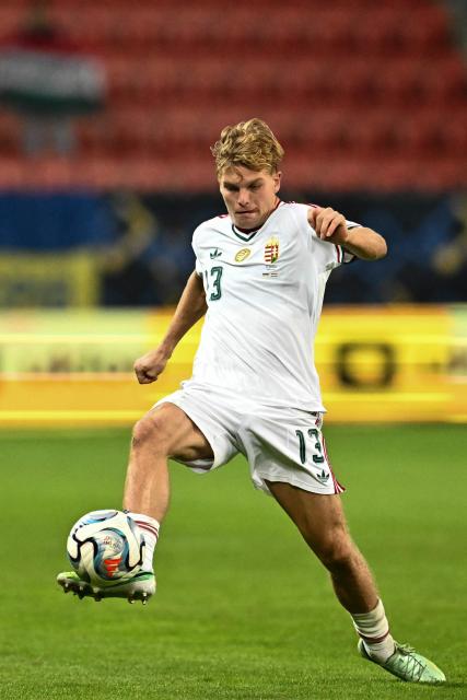 Hungary's midfielder #13 Andras Schafer controls the ball during the UEFA Nations League Group B2 football match between Ukraine and Hungary in Trnava, Slovakia on October 5, 2026. (Photo by Joe Klamar / AFP)