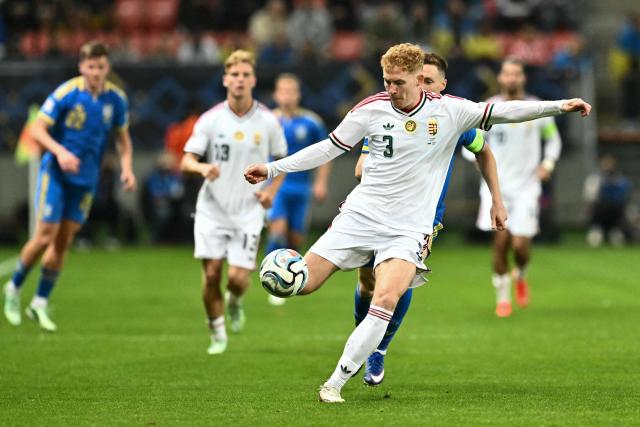 Hungary's defender #03 Mark Csinger controls the ball during the UEFA Nations League Group B2 football match between Ukraine and Hungary in Trnava, Slovakia on October 5, 2026. (Photo by Joe Klamar / AFP)
