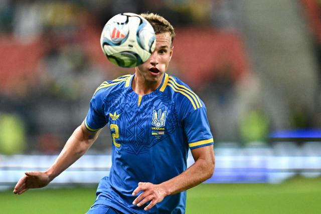 Ukraine's defender #02 Illia Krupskyi eyes the ball during the UEFA Nations League Group B2 football match between Ukraine and Hungary in Trnava, Slovakia on October 5, 2026. (Photo by Joe Klamar / AFP)