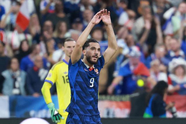 France's midfielder #09 Rayan Cherki celebrates scoring his team's second goal during the UEFA Nations League Group A1 football match between France and Belgium at the Stade de France in Saint-Denis, north of Paris, on October 5, 2026. (Photo by Kenzo TRIBOUILLARD / AFP)