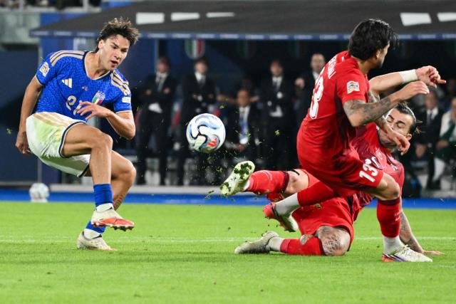 Italy's forward #21 Antonio Vergara shoots the ball during the UEFA Nations League football match (League A day 4, Group A1) between Italy and Turkey at the Renato Dall'Ara Stadium in Bologna on October 5, 2026. (Photo by Alberto PIZZOLI / AFP)