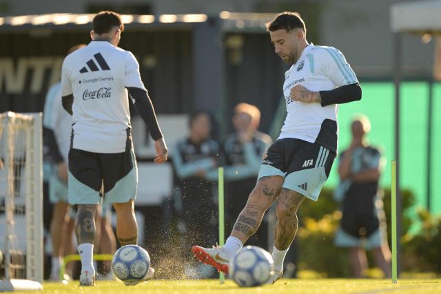Argentina's defender Nicolas Otamendi kicks the ball during a football training session at the Argentine Football Association (AFA) training camp in Ezeiza, Buenos Aires Province, on October 5, 2026, ahead of the friendly match against Benin. (Photo by JUAN MABROMATA / AFP)