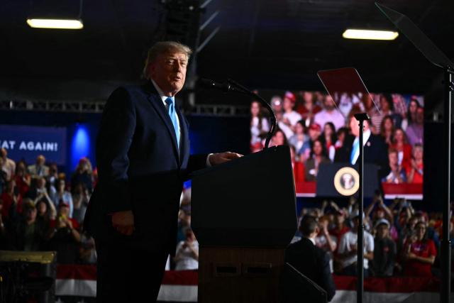 US President Donald Trump speaks during a campaign rally at Pinnacle Bank Expo Center in Grand Island, Nebraska, on October 5, 2026. (Photo by Kent NISHIMURA / AFP)
