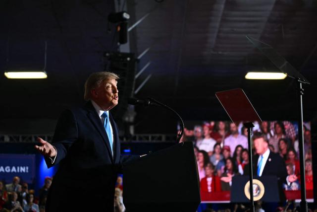 US President Donald Trump speaks during a campaign rally at Pinnacle Bank Expo Center in Grand Island, Nebraska, on October 5, 2026. (Photo by Kent NISHIMURA / AFP)