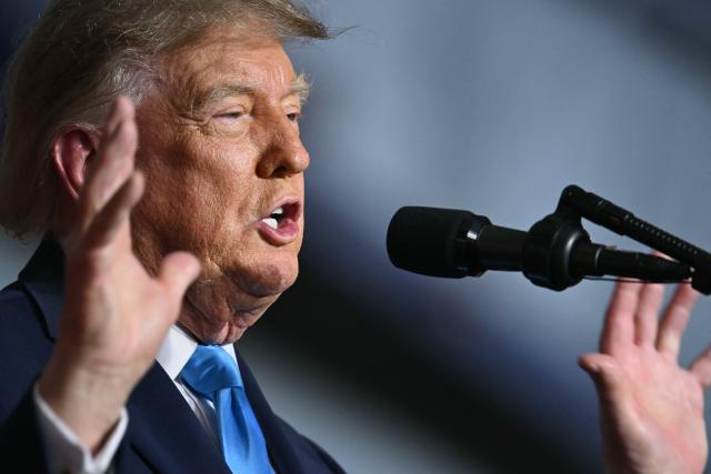 US President Donald Trump speaks during a campaign rally at Pinnacle Bank Expo Center in Grand Island, Nebraska, on October 5, 2026. (Photo by Kent NISHIMURA / AFP)