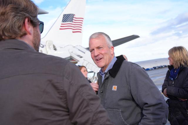 US Senator Dan Sullivan, (R-AK) is seen on the tarmac at Elmendorf Air Force Base, in Anchorage, Alaska on October 5, 2026. (Photo by Jacquelyn Martin / POOL / AFP)
