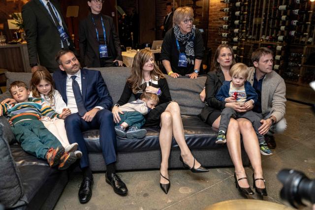 Leader of the Parti Quebecois (PQ) Paul St-Pierre Plamondon watches the election results with his family in Montreal, Quebec, Canada, on October 5, 2026. (Photo by ANDREJ IVANOV / AFP)