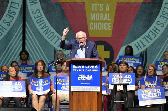US Senator Bernie Sanders (I-VT) speaks during a California Wealth Tax rally in Los Angeles on October 5, 2026. (Photo by Frederic J. Brown / AFP)