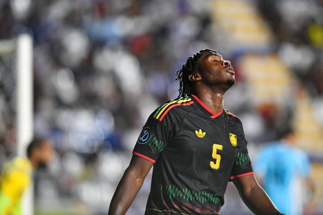 Jamaica's midfielder #05 Courtney Clarke reacts to a missed chance during the Concacaf Nations League Cup football match between Guatemala and Suriname at the Manuel Felipe Carrera stadium in Guatemala City on October 5, 2026. (Photo by Orlando SIERRA / AFP)