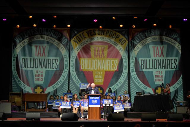 US Senator Bernie Sanders (I-VT) speaks during a California Wealth Tax rally in Los Angeles on October 5, 2026. (Photo by Frederic J. Brown / AFP)