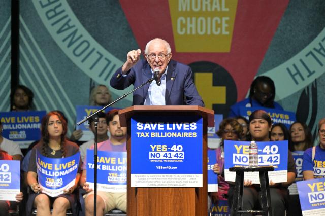 US Senator Bernie Sanders (I-VT) speaks during a California Wealth Tax rally in Los Angeles on October 5, 2026. (Photo by Frederic J. Brown / AFP)