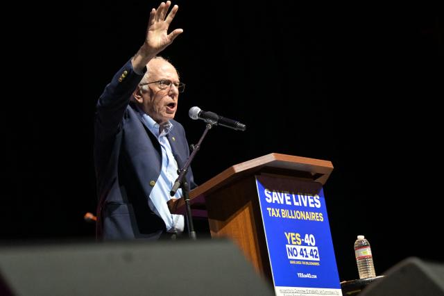 US Senator Bernie Sanders (I-VT) speaks during a California Wealth Tax rally in Los Angeles, on October 5, 2026. (Photo by Frederic J. Brown / AFP)