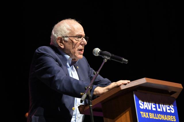 US Senator Bernie Sanders (I-VT) speaks during a California Wealth Tax rally in Los Angeles, on October 5, 2026. (Photo by Frederic J. Brown / AFP)