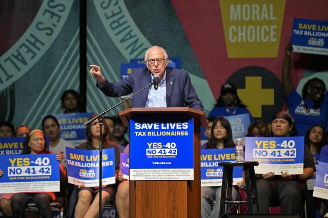 US Senator Bernie Sanders (I-VT) speaks during a California Wealth Tax rally in Los Angeles, on October 5, 2026. (Photo by Frederic J. Brown / AFP)