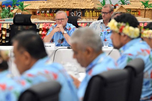 Australia's Prime Minister Anthony Albanese attends a leaders' dialogue during the Pacific Pre-COP31 meeting in Tuvalu on October 6, 2026. (Photo by MICK TSIKAS / POOL / AFP)