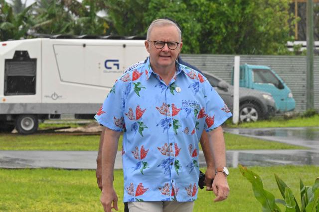 Australia's Prime Minister Anthony Albanese arrives for a traditional welcome ceremony during the Pacific Pre-COP31 meeting in Tuvalu on October 6, 2026. (Photo by MICK TSIKAS / POOL / AFP)