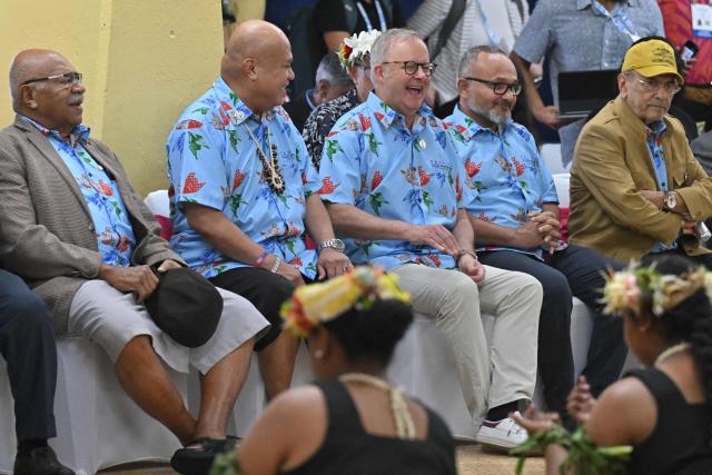 (From L to R) Fiji's Prime Minister Sitiveni Rabuka, Tuvalu's Prime Minister Feleti Teo, Australia's Prime Minister Anthony Albanese, Solomon Islands Prime Minister Matthew Wale and East Timor's President Jose Ramos-Horta attend a traditional welcome ceremony during the Pacific Pre-COP31 meeting in Tuvalu on October 6, 2026. (Photo by MICK TSIKAS / POOL / AFP)