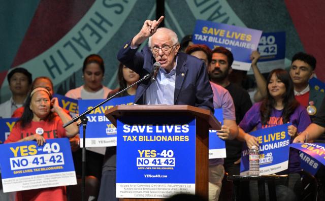 US Senator Bernie Sanders (I-VT) speaks during a California Wealth Tax rally in Los Angeles on October 5, 2026. (Photo by Frederic J. BROWN / AFP)