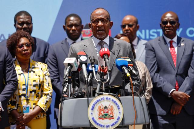 Kenyan Cabinet Secretary of Health Aden Duale speaks at a press conference in Nairobi on October 6, 2026. Kenya reports first ever Ebola death as outbreak spreads. (Photo by SIMON MAINA / AFP)