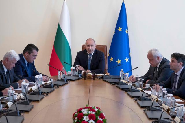 Bulgaria's Prime minister Rumen Radev speaks during an emergency meeting with the relevant institutions regarding the incident in which two ships were struck by drones in Bulgaria’s exclusive economic zone in Sofia on October 6, 2026. (Photo by Nikolay DOYCHINOV / AFP)